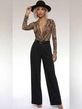 Zara Brown Snake Print Bodysuit Long Sleeves Drop Neckline Size Small